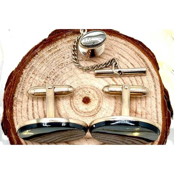 Vintage Hematite Cufflinks & Tie Tack Set – Oval Silver Tone, Black Cabochons - Picture 2 of 6